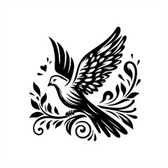 Obraz premium Elegant Black Dove with Floral Swirls.