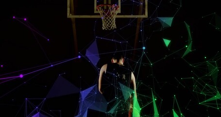 Athlete dribbling basketball initiating tech overlay swirling fading revealing shot aiming hoop - Powered by Adobe