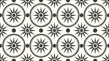 Monochrome Geometric Pattern with Starbursts and Circles A Repeating Design with a Vintage Aesthetic and Elegant Simplicity