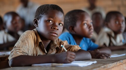 a group of children sitting at a desk in a classroom