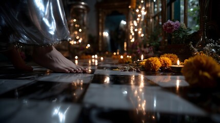 Obraz premium Beautiful glowing feet adorned with jewelry stepping on a decorated floor during a festival celebration