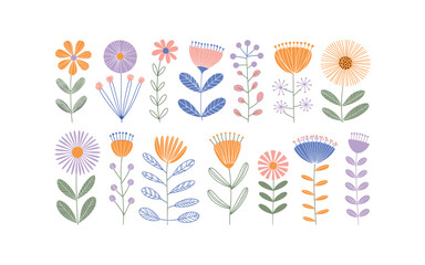 Colorful and Stylized Floral Pattern Illustration in Scandi Style: Orange, Purple, and Pink Flowers on White Background with Unique Leaf Designs
