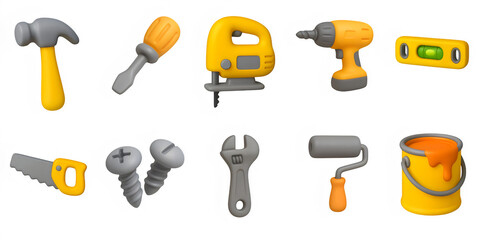 3d tool  icons set arranged isolated on transparent background. Construction equipment concept