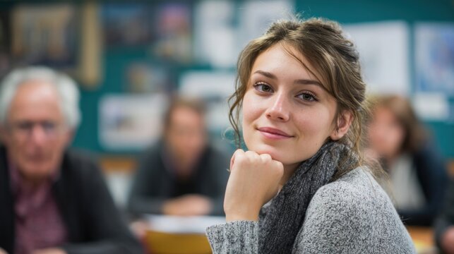 a woman sitting in a classroom with other people