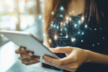 Security and technology intersect as woman engages with tablet in modern setting, Lock and shield security over woman using tablet in office