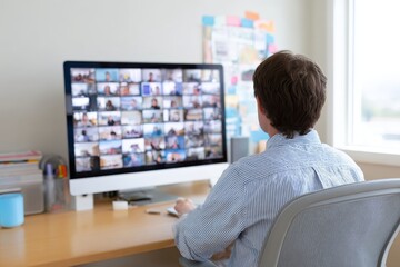 Video conference in home office remote work setup digital interaction modern environment focused perspective
