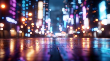 Obraz premium Night city street scene blurred urban lights and wet pavement reflections