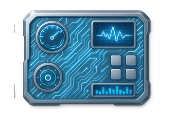 Glowing blue control panel interface highlighting advanced technological design, transparent background displaying sleek digital elements