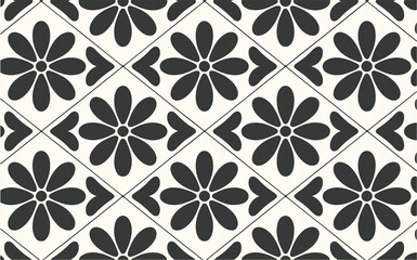 Monochromatic Floral Tile Pattern with Diamond Grid and Retro Charm in Minimalist Style