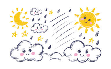 Playful Weather Doodles with Smiling Sun, Moon, Clouds, Stars, and Raindrops for Children's Designs and Creative Projects