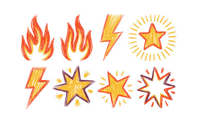 Hand-Drawn Set of Fire, Lightning Bolts and Star Icons: Vector Graphic Illustration of Cartoon Style Flame, Thunder Symbols and Sparkly Stars