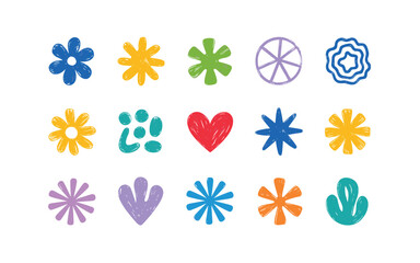 Colorful Hand-Drawn Flowers and Shapes on White Background: Playful and Creative Design Elements for Decorative Projects and Artistic Compositions
