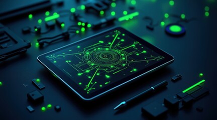 Futuristic digital circuit board with glowing green connections on a dark background