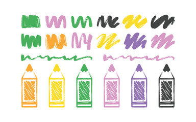 Colorful Crayon Strokes and Outlines: Hand-Drawn Crayons in Vibrant Colors for Creative Projects, Back to School Designs and Artistic Illustrations