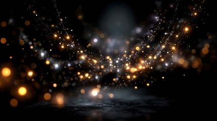Golden and silver dots of light swirl gently, creating an ethereal atmosphere in a darkened environment