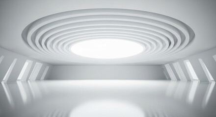 Obraz premium White minimalist interior scene, showcasing circular ceiling design and reflective floor, ideal for product display or architectural presentation, offering blank space for text or logo