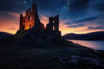 Fototapeta premium Glowing castle ruins on a hill by the tranquil lake in Scotland during twilight, Glowing Castle Ruins On Hill Near Lake - Scotland