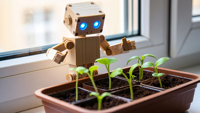 Cute cardboard robot tending to young plant seedlings on a windowsill