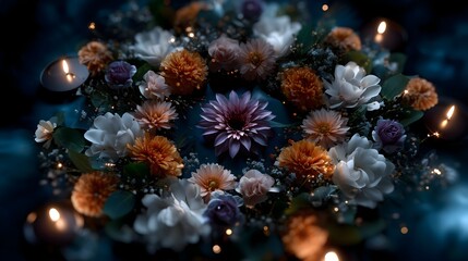 Obraz premium Vibrant flower arrangement illuminated by soft candlelight creating a serene atmosphere in a dark setting