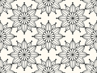 Elegant Floral Pattern with Symmetrical Blossoms and Geometric Accents Black and White Aesthetic