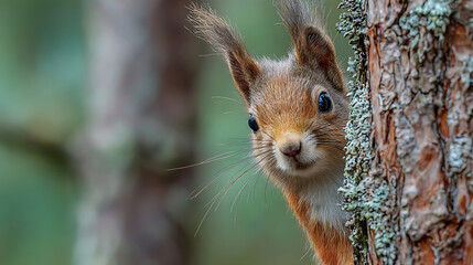 Fototapeta premium Curious red squirrel peeking from behind a mossy tree trunk wildlife animal