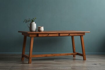 Mid-Century Modern Wooden Coffee Table with Vase and Cup for Stylish Home Living Room Interior Decoration
