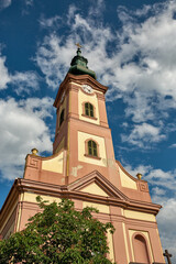 Historic Jesus Heart Church with clock tower in Nagykanizsa, Hungary.