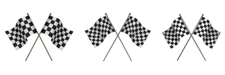 Three pairs of crossed checkered flags waving to signal the end of a car race or other competitive event isolated on transparent background