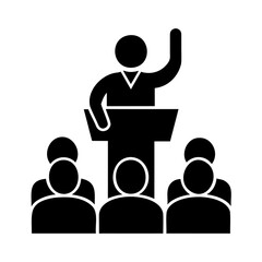 Silhouette of a politician speaking from a podium to an audience during a public address or rally