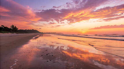 Fototapeta premium Sunset reflections on the beach a tranquil coastal scene of ocean waves and colorful sky