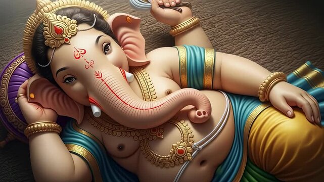 Serene lord ganesha idol reclining, embodiment of wisdom and prosperity, reflecting rich indian culture and spirituality, ideal for festive celebrations and devotion