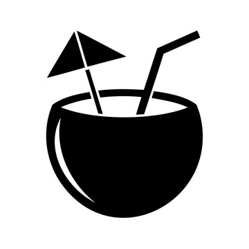 Tropical Coconut Drink with Umbrella and Straw Silhouette