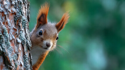 Curious red squirrel peeking from behind a textured tree trunk with soft green foliage background