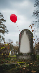 Single red balloon is tied to a weathered gravestone in a shadowy cemetery, creating a haunting contrast between innocence and mortality in this eerie, cinematic scene