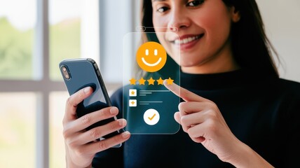 Happy Customer Giving Five-Star Mobile Phone Review Feedback