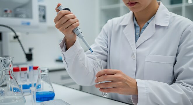 Focused Scientist in a White Lab Coat Precisely Pipetting Liquid into a Test Tube.