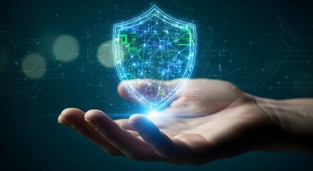 Hand holding glowing digital shield for cybersecurity and data protection