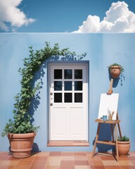 Serene Mediterranean Patio:  White Door,  Easel, Plants, Sunny Day