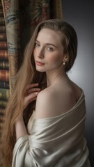 Elegant Woman in Silk Drape, Classic Portrait, Soft Lighting