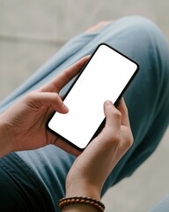Person using smartphone with blank screen, casual style, relaxed mood.