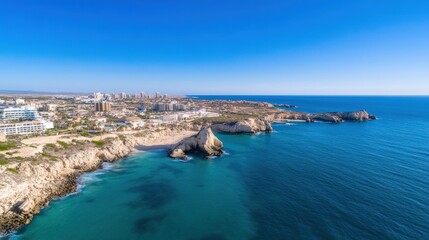 Coastal cityscape aerial view of rocky shoreline and azure ocean