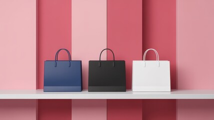 Three Blank Shopping Bags on Pink Shelf Mockup