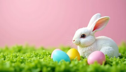 Fototapeta premium Pastel bunny, colorful eggs nestled in vibrant green grass, painted eggs, happy
