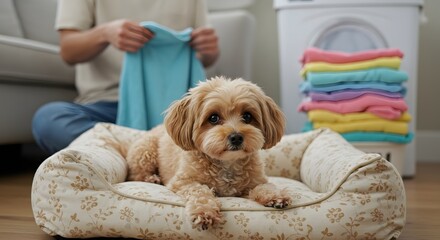 Fluffy Companions Soulful Gaze During a Colorful Laundry Day.