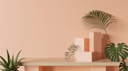 Minimalist Peach Product Display with Tropical Plants