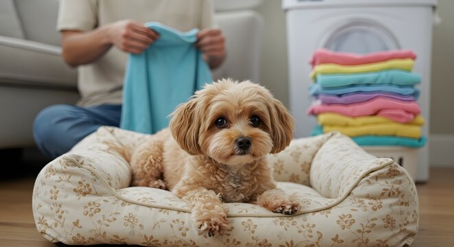 Fluffy Companions Soulful Gaze During a Colorful Laundry Day.