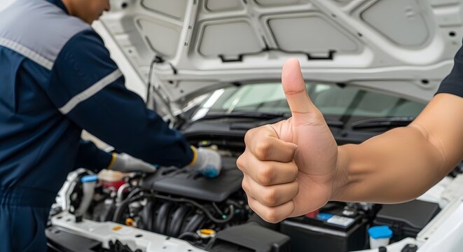 Automotive repair service excellence: expert mechanic giving thumbs up after car engine maintenance - Powered by Adobe