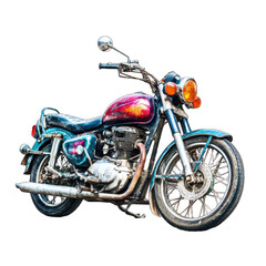 Vintage motorcycle, city street,  worn, parked, sunlight.  Use travel, adventure