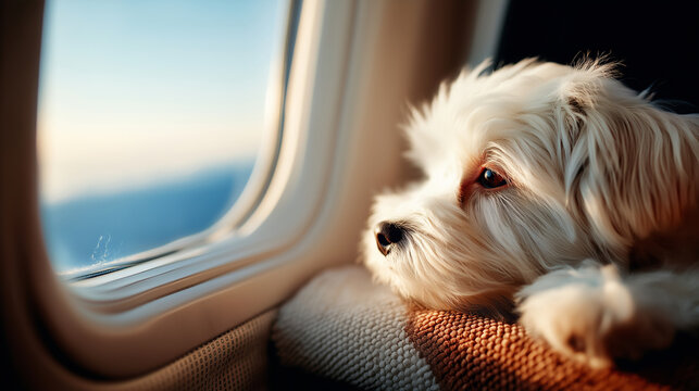 Small fluffy white dog staring out of an airplane window with a thoughtful expression, illuminated by serene daylight. Emotional image ideal for pet travel themes and copy space use.