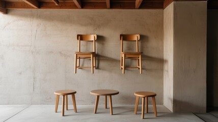 Minimalist Wooden Chairs and Stools Against Textured Wall
